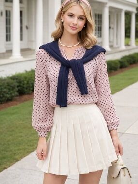 🎀 Tommy Hilfiger Pretty Pin Tuck Detail Dusty Pink Polka Dot Long-Sleeve Blouse